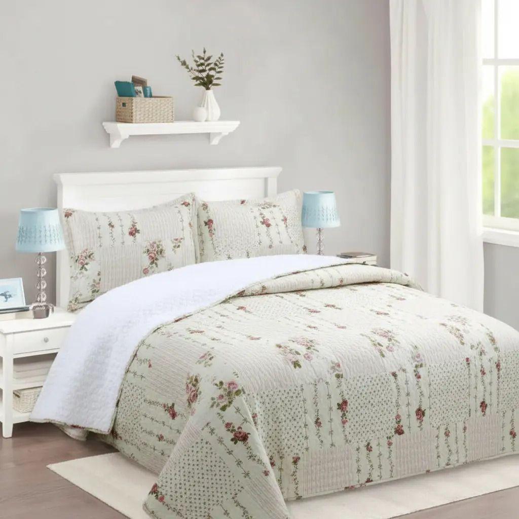 Cubrecama Quilt Sherpa 1.5 - Varios Modelos W.m G Marfil Floral Clásico-2