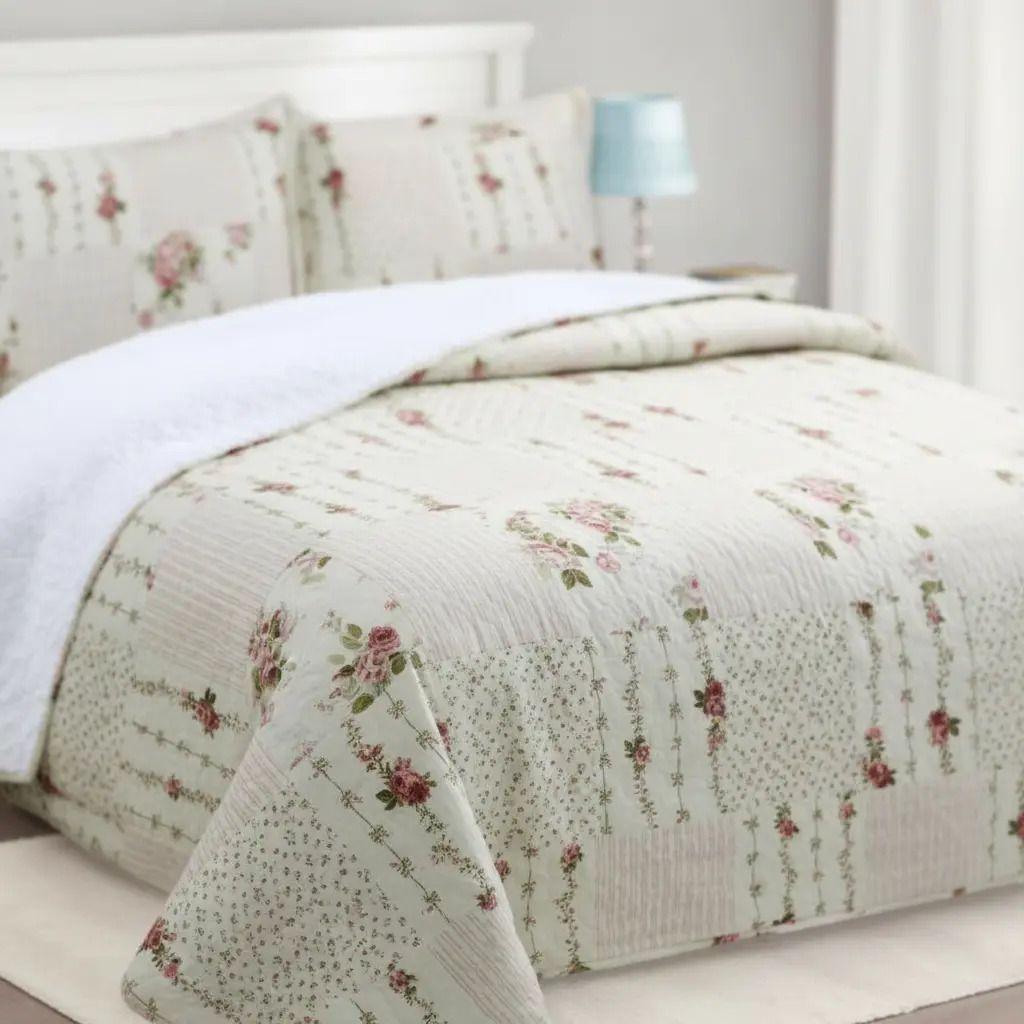 Cubrecama Quilt Sherpa 1.5 - Varios Modelos W.m G Marfil Floral Clásico-3