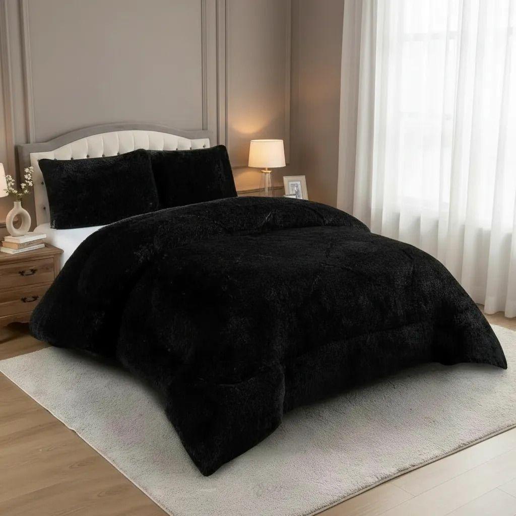 Plumon Pluch Para Colchón 2 Plazas Suave Y Cómoda Negro Peludo-2