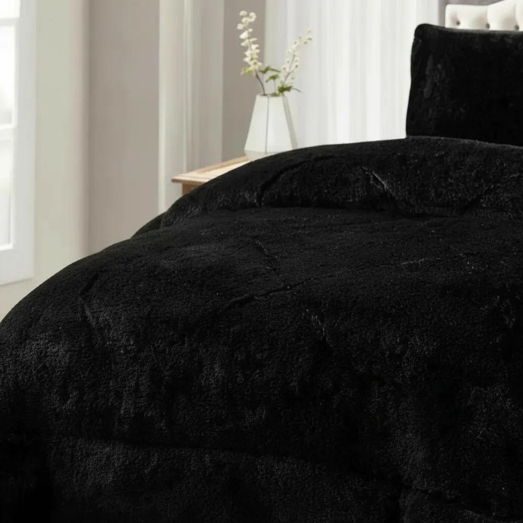 Plumon Pluch Para Colchón 2 Plazas Suave Y Cómoda Negro Peludo-3