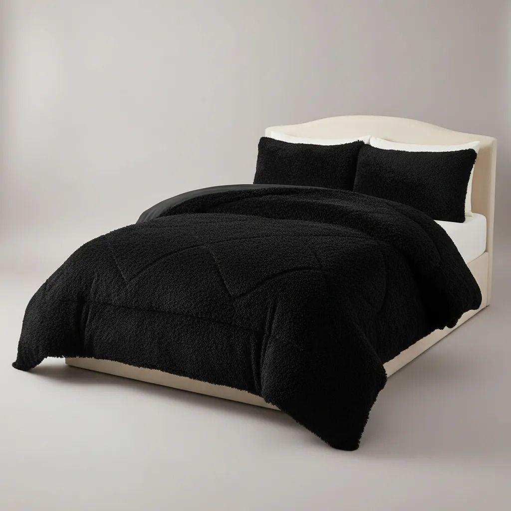 Plumon Pluch Para Colchón 2 Plazas Suave Y Cómoda Negro Peludo-4