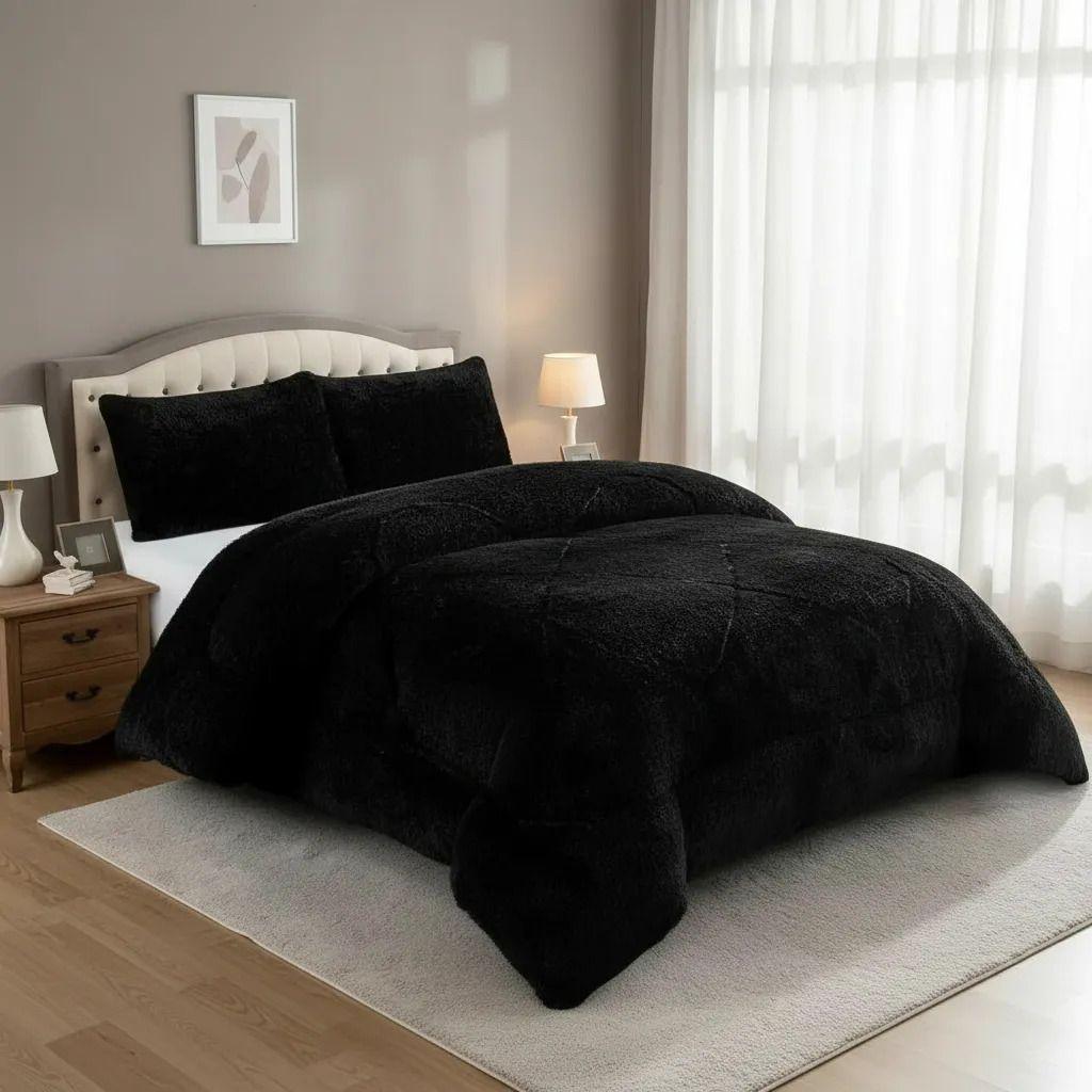 Plumon Pluch Para Colchón 2 Plazas Suave Y Cómoda Negro Peludo-5