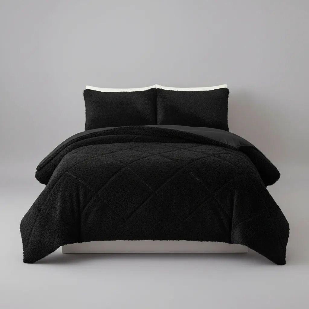 Plumon Pluch Para Colchón 2 Plazas Suave Y Cómoda Negro Peludo-6