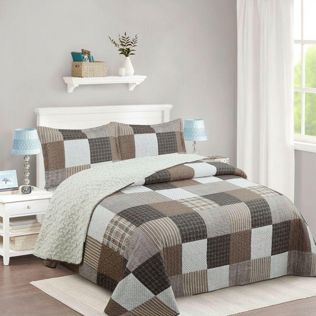 Cubrecama Quilt Sherpa 1.5 - Varios Modelos W.m G Café Cuadros Cafe Y Blanco-2