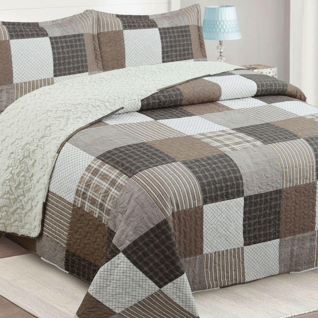 Cubrecama Quilt Sherpa 1.5 - Varios Modelos W.m G Café Cuadros Cafe Y Blanco-4