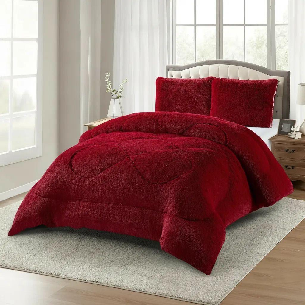 Plumon De Invierno Peludos Con Chiporro 2 Plazas Burdeo Peludo-2