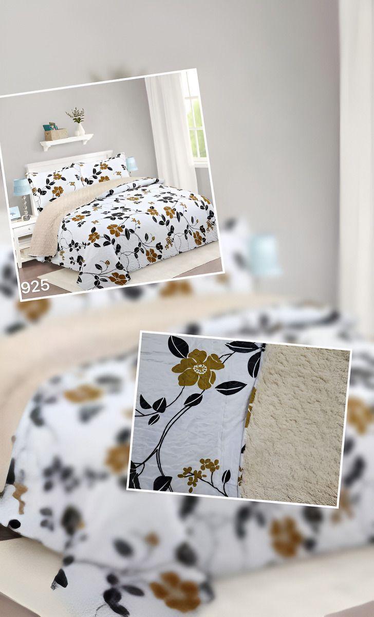 Cubrecama Quilt Sherpa 1.5 - Varios Modelos W.m G Blanco Floral En Tonos Blanco Negro Y Mostaza-3