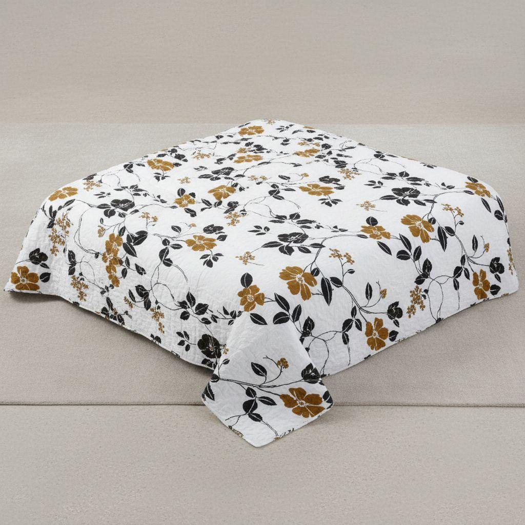 Cubrecama Quilt Sherpa 1.5 - Varios Modelos W.m G Blanco Floral En Tonos Blanco Negro Y Mostaza-6