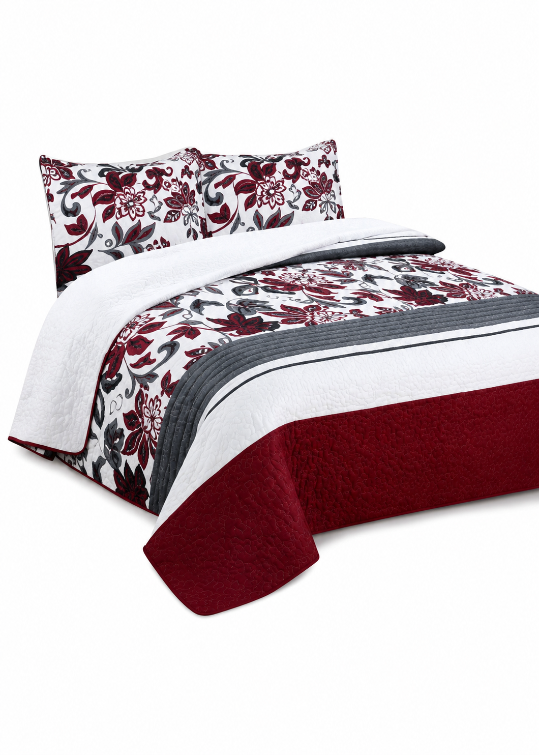 Cubrecama Quilt Sherpa 2pl - Varios Modelos W.m G Burdeos Gris Negro Y Blanco Estampado Floral-0