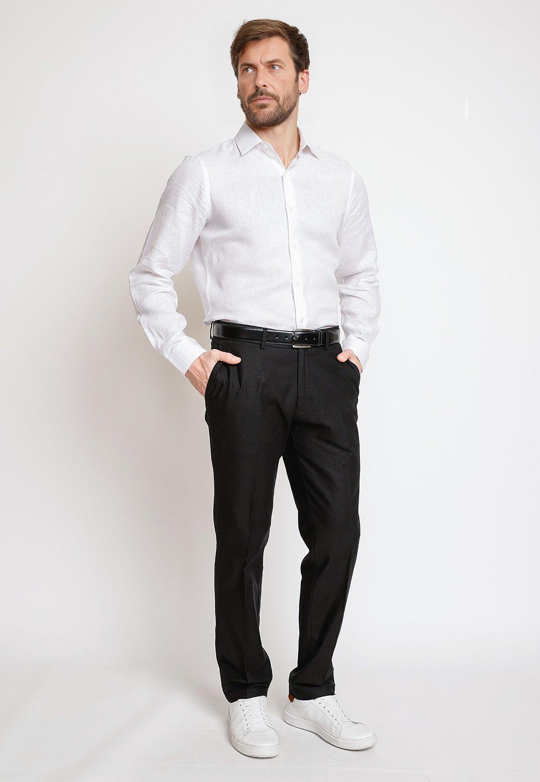 Pantalón Hombre Mezcla Algodón Lino Liso Slim Venancio Negro-3