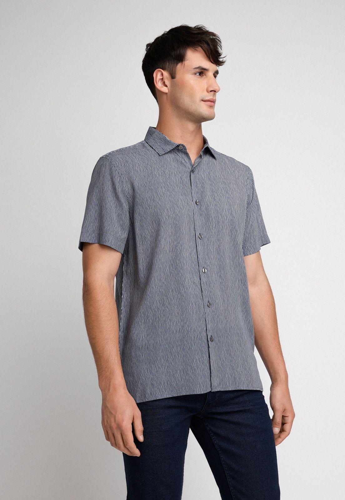 Camisa Hombre Manga Corta Estampada Azul Oscuro-0