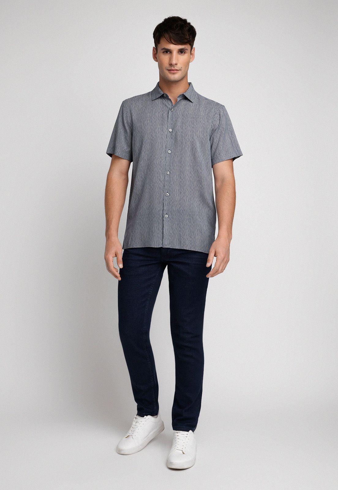 Camisa Hombre Manga Corta Estampada Azul Oscuro-3