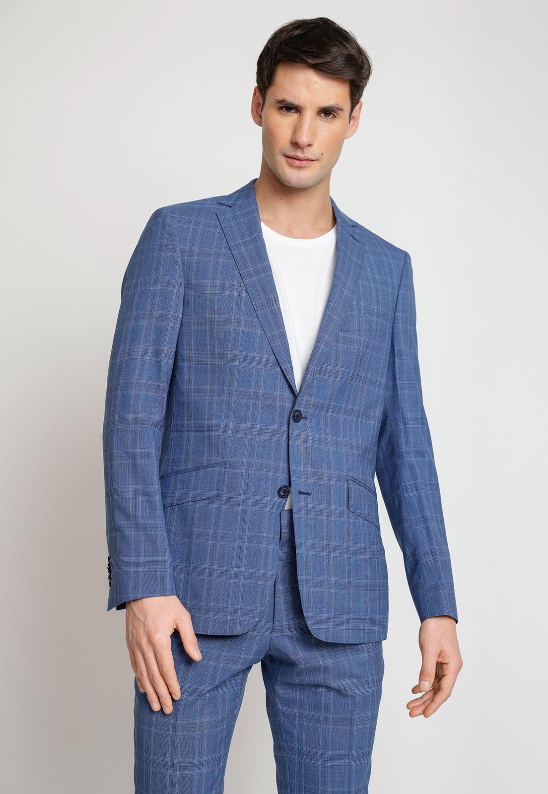 Traje Formal Lana Tela Cuadros Azul Claro-2