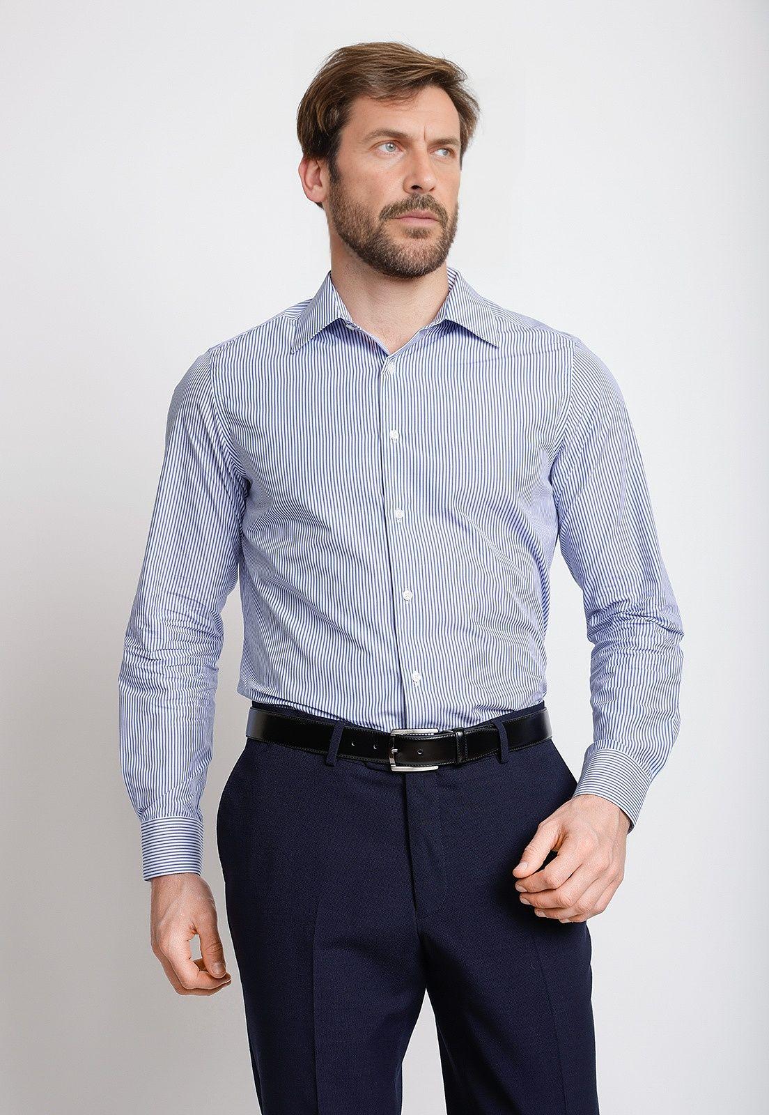 Camisa Formal Hombre Lino Líneas Slim Vercelli Blanco/Azul-0