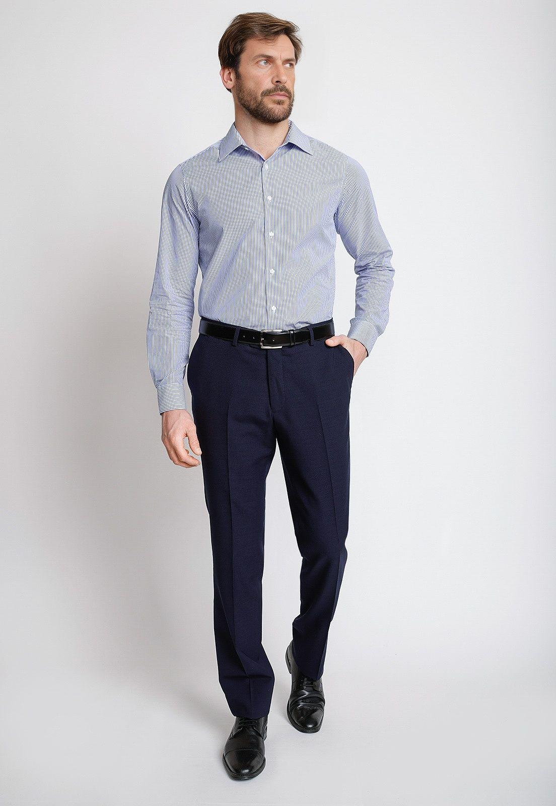 Camisa Formal Hombre Lino Líneas Slim Vercelli Blanco/Azul-3