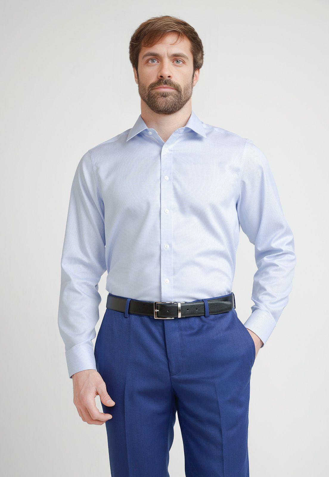 Camisa Formal Hombre Non Iron Microdiseño Regular Travel Celeste-0