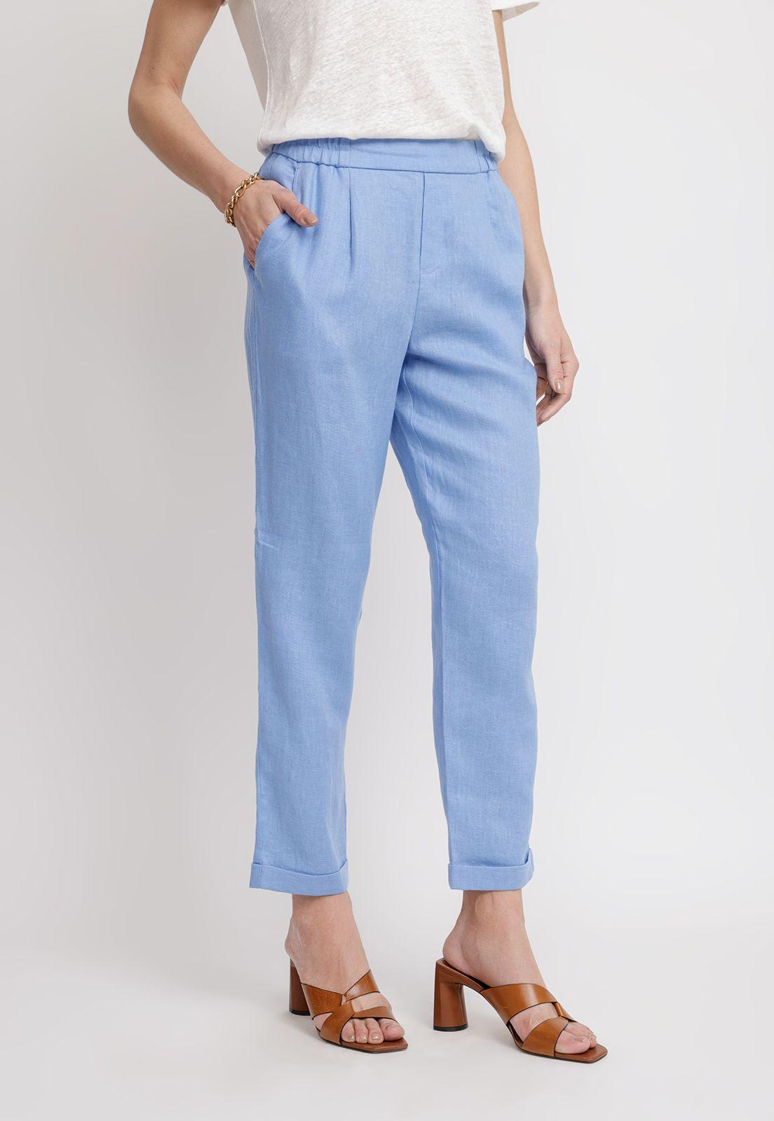 Pantalón Mujer Clara Lino Celeste-0