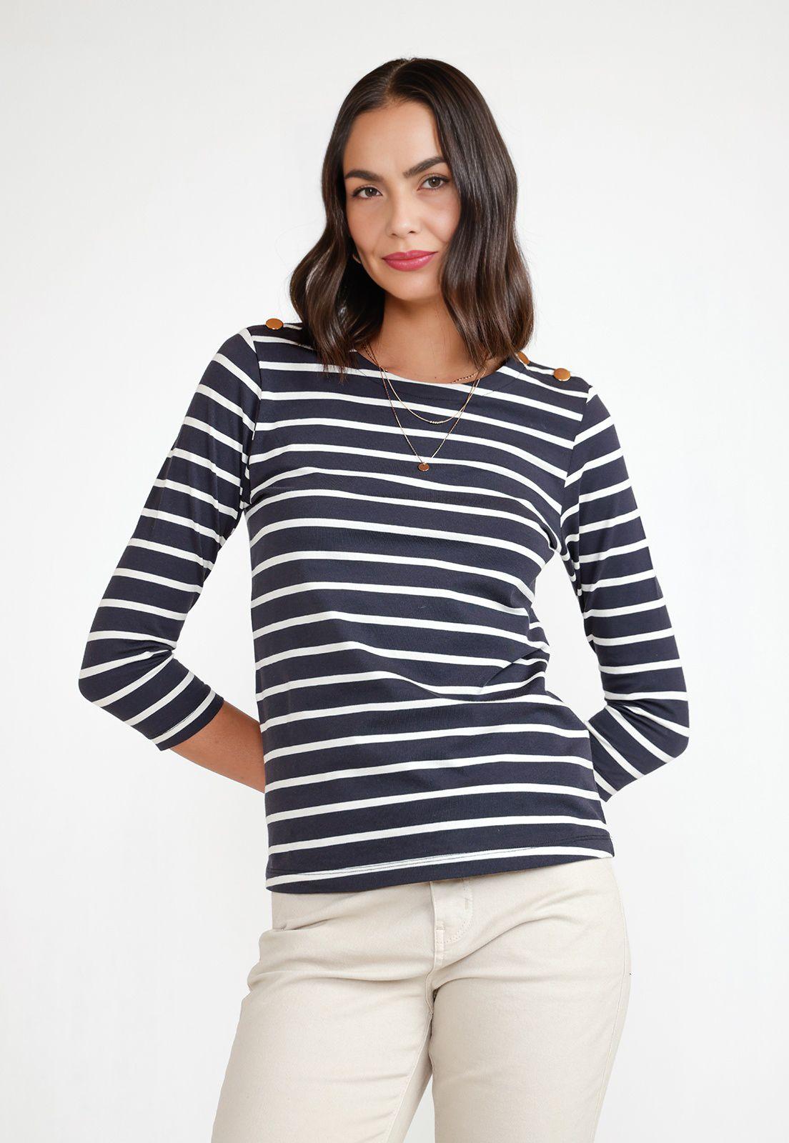 Polera Manga 3/4 Mujer Algodón Peruano Marino-Crudo-0