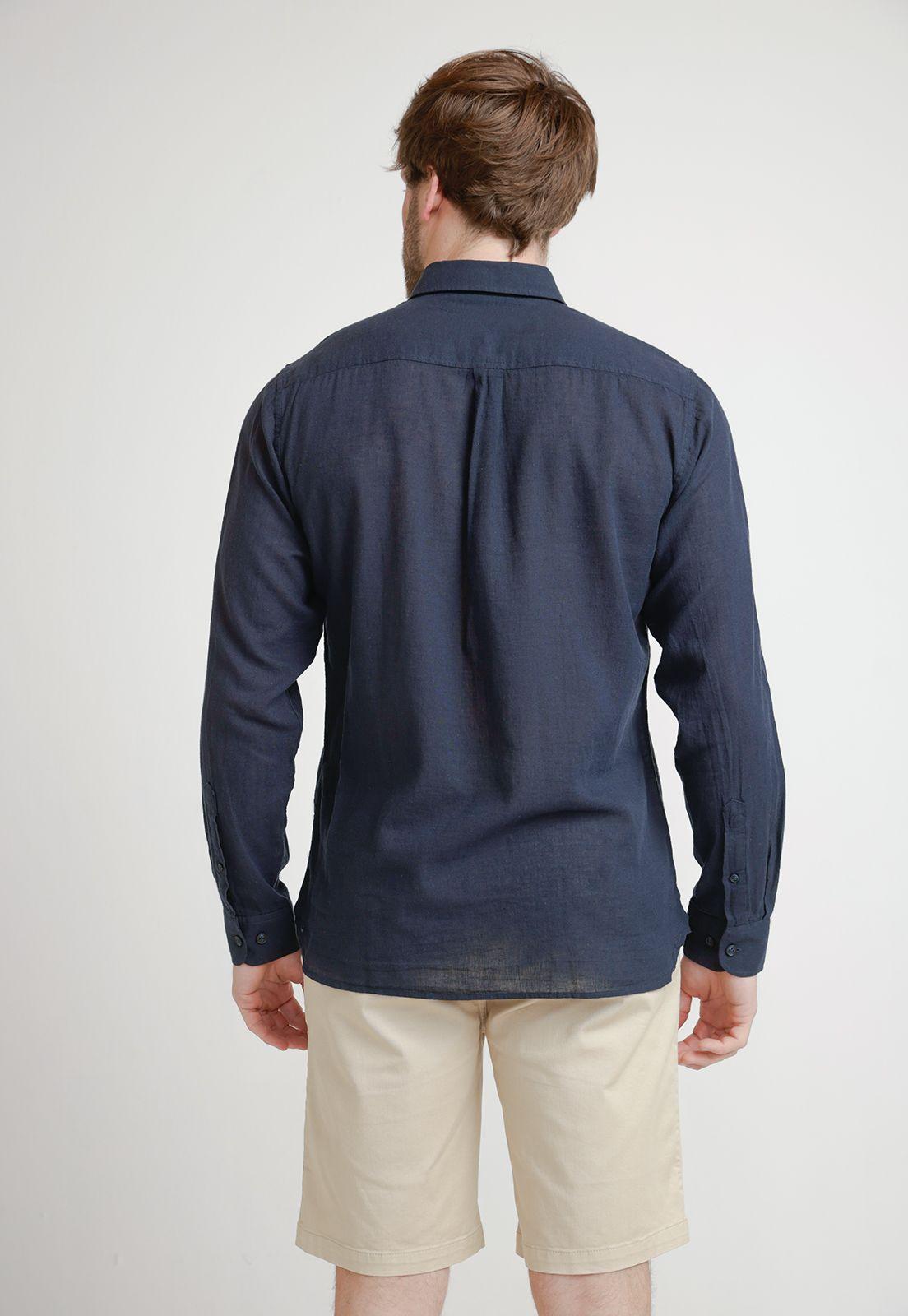 Camisa Hombre Mezcla Lino Algodón Liso Slim Braulio Azul Marino-1