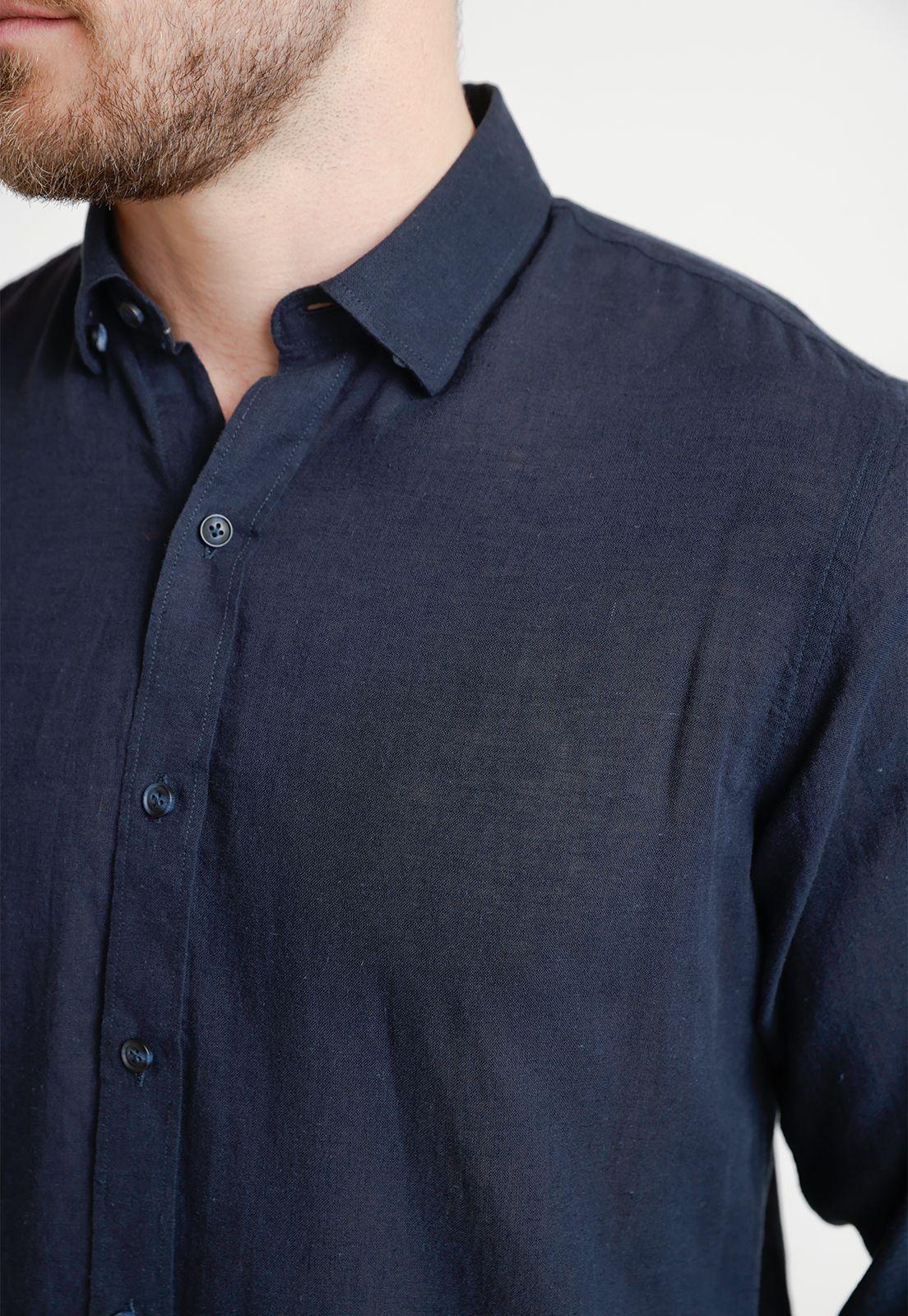 Camisa Hombre Mezcla Lino Algodón Liso Slim Braulio Azul Marino-2