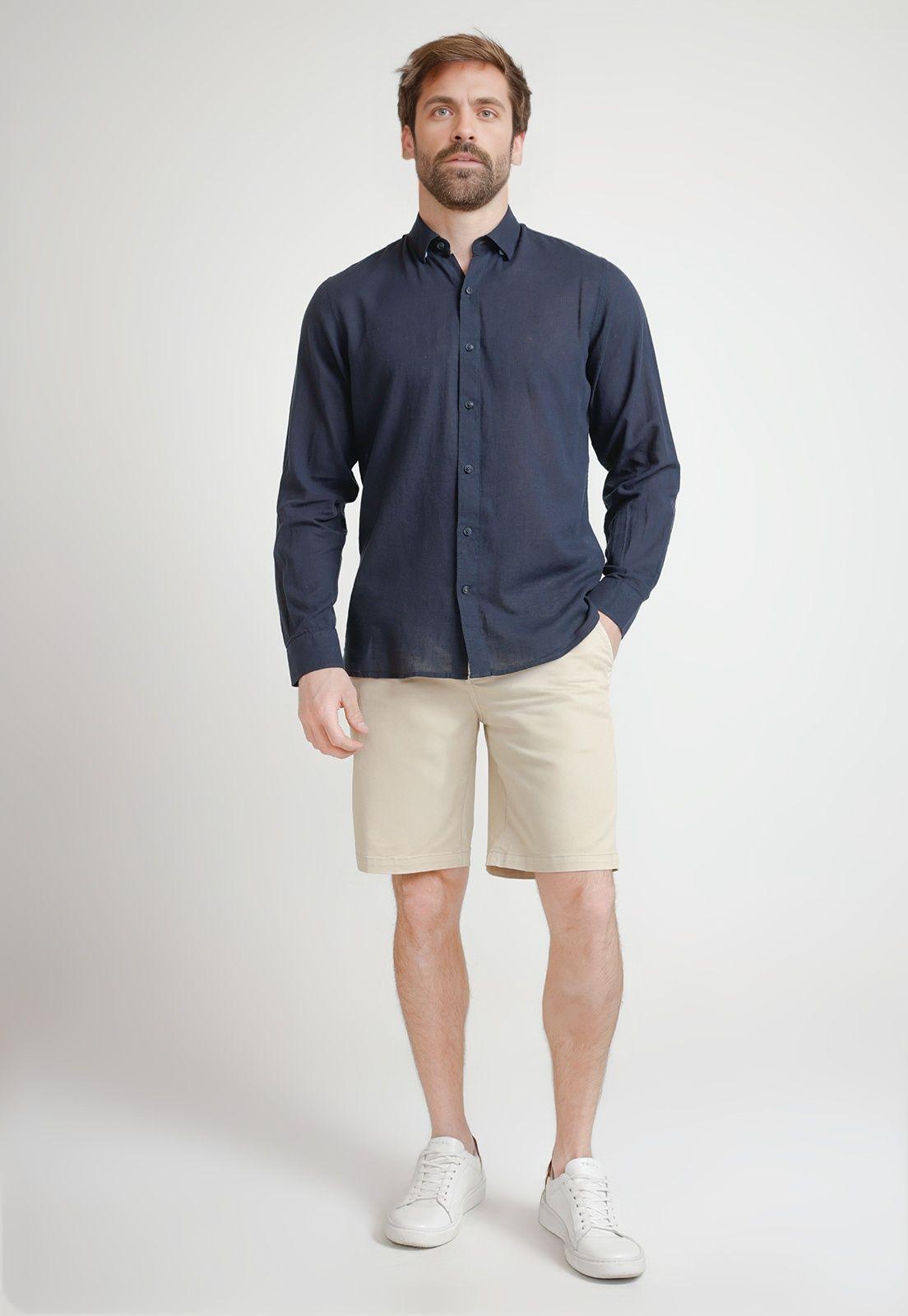 Camisa Hombre Mezcla Lino Algodón Liso Slim Braulio Azul Marino-3