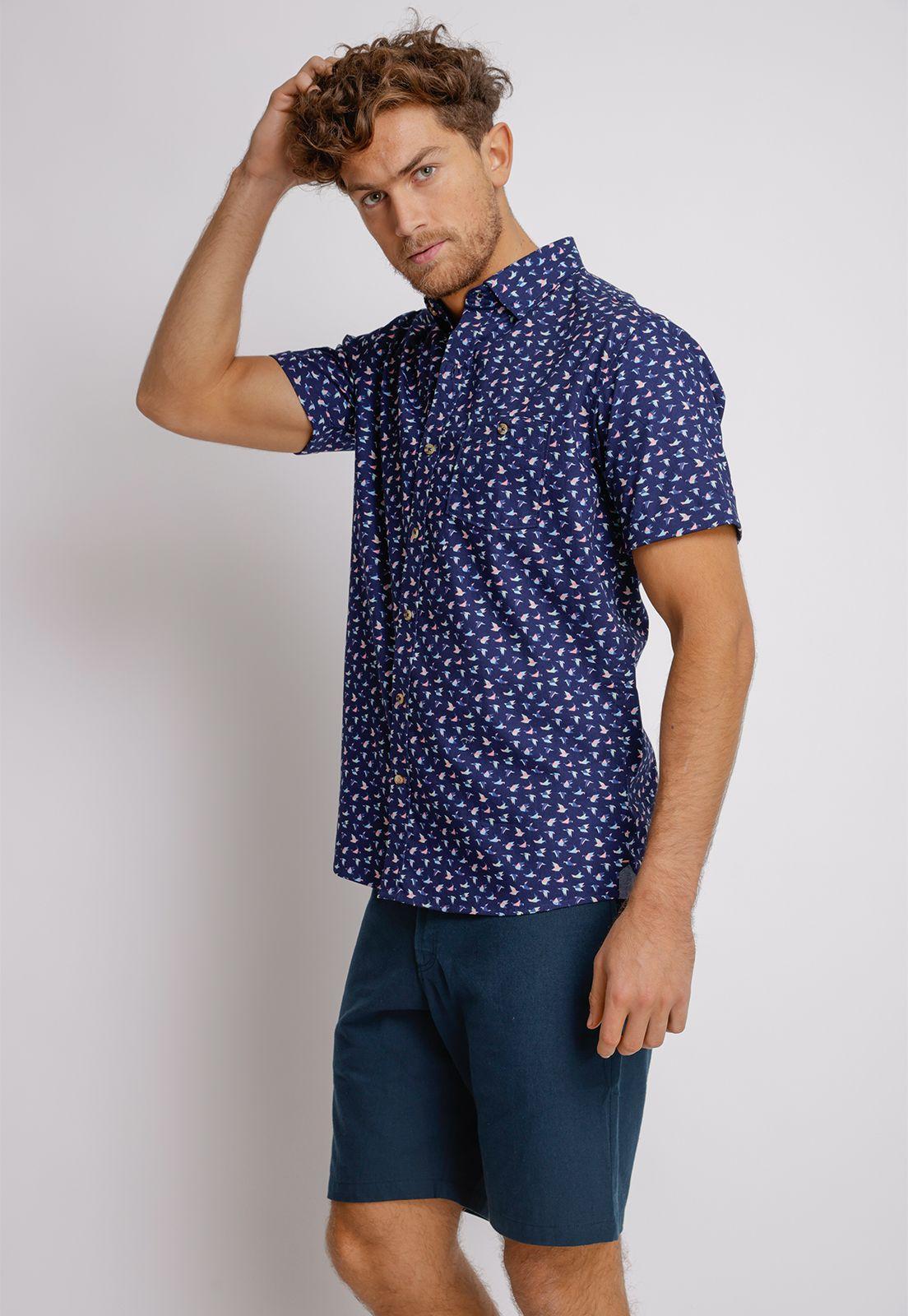 Camisa Manga Corta hombre Relaxed fit Birds Algodón Azul marino-0