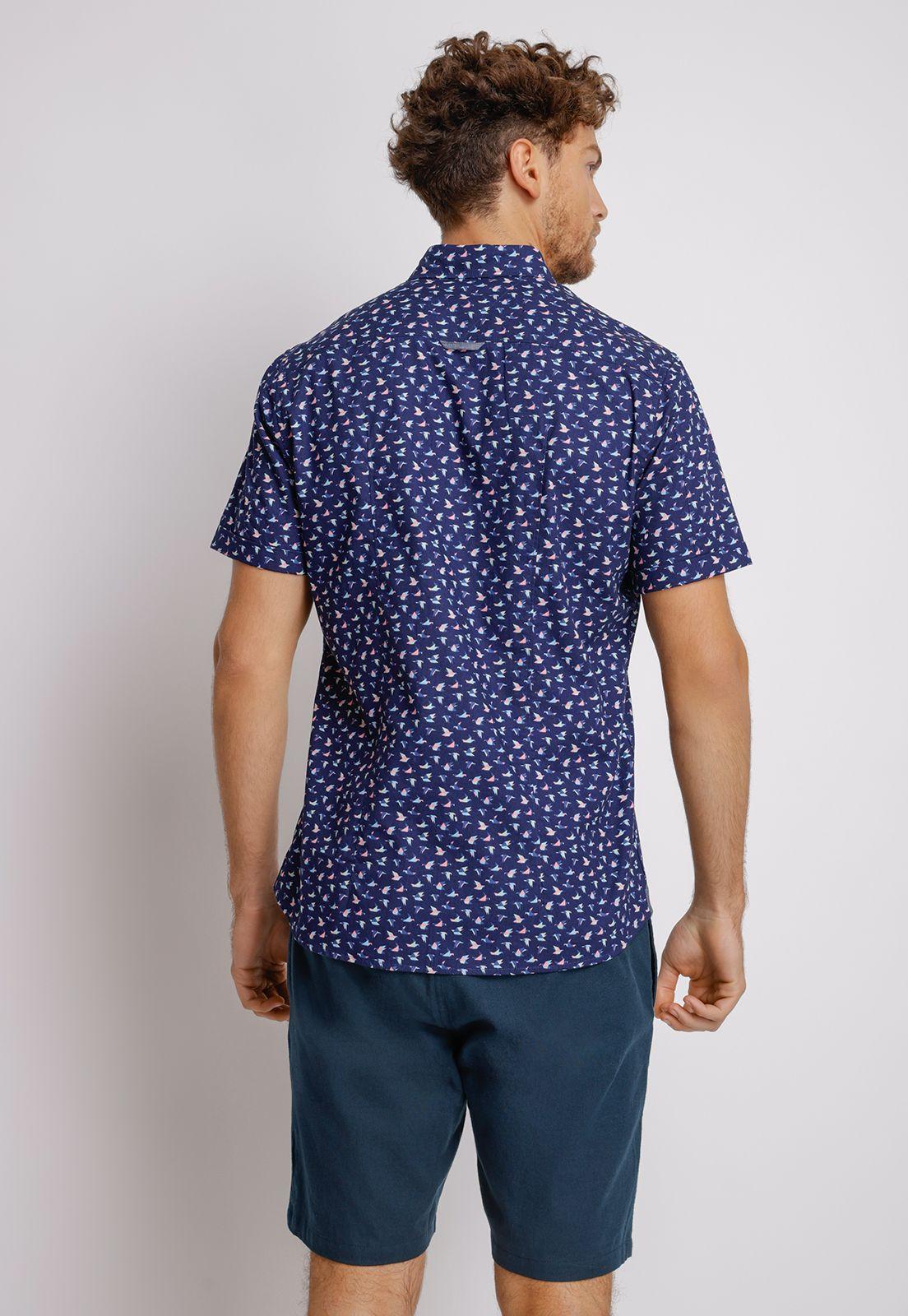 Camisa Manga Corta hombre Relaxed fit Birds Algodón Azul marino-1