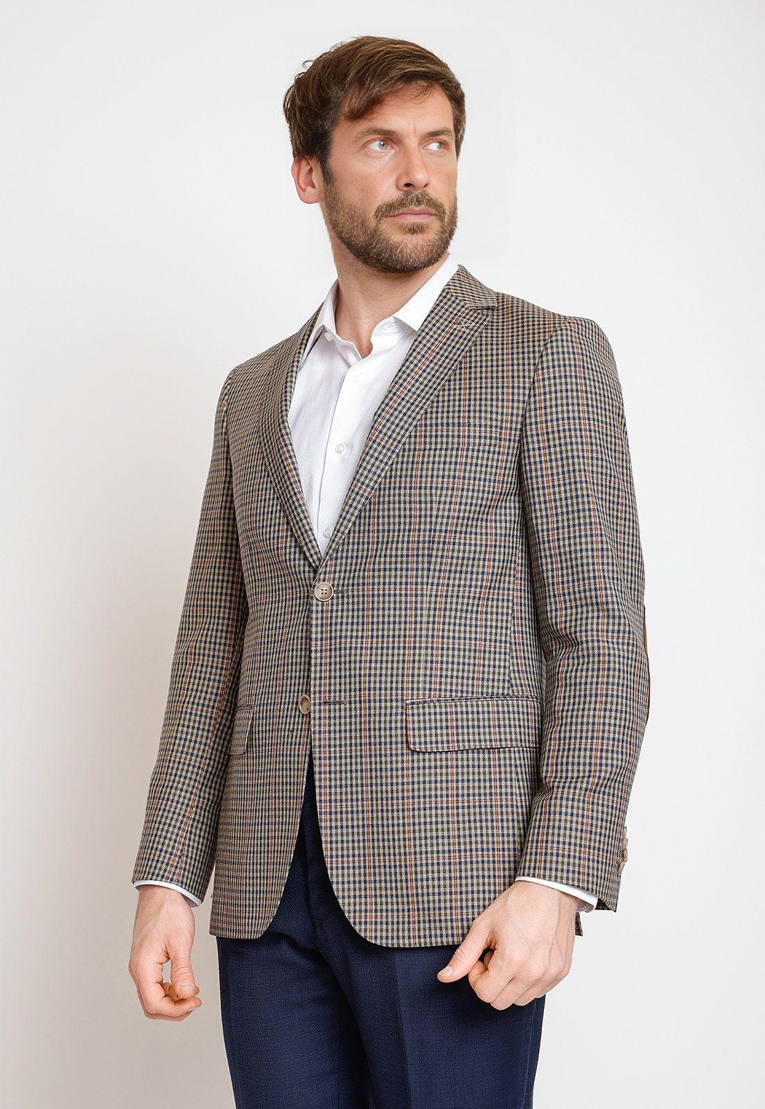 Chaqueta Formal Hombre Mezcla Lana Cuadros Slim Executive Beige-0