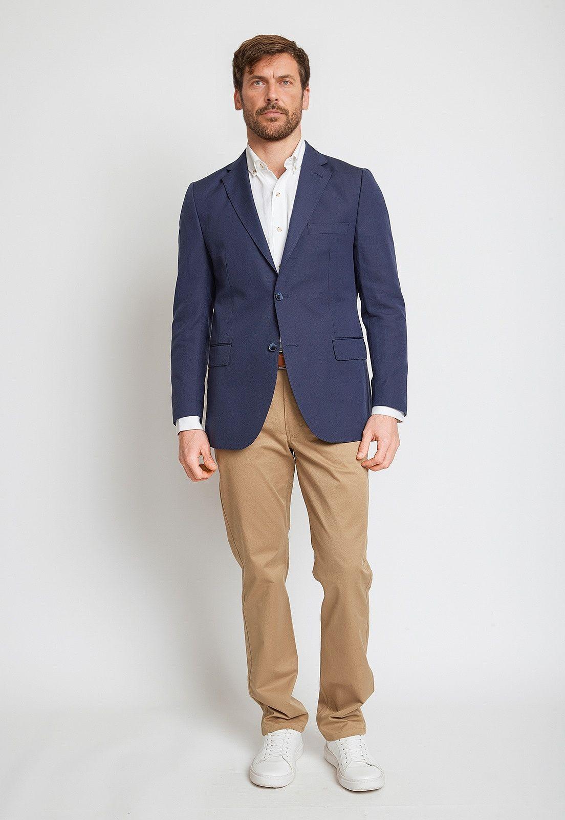 Chaqueta Hombre Mezcla Lino Algodón Liso Slim Europa Azul Marino-3