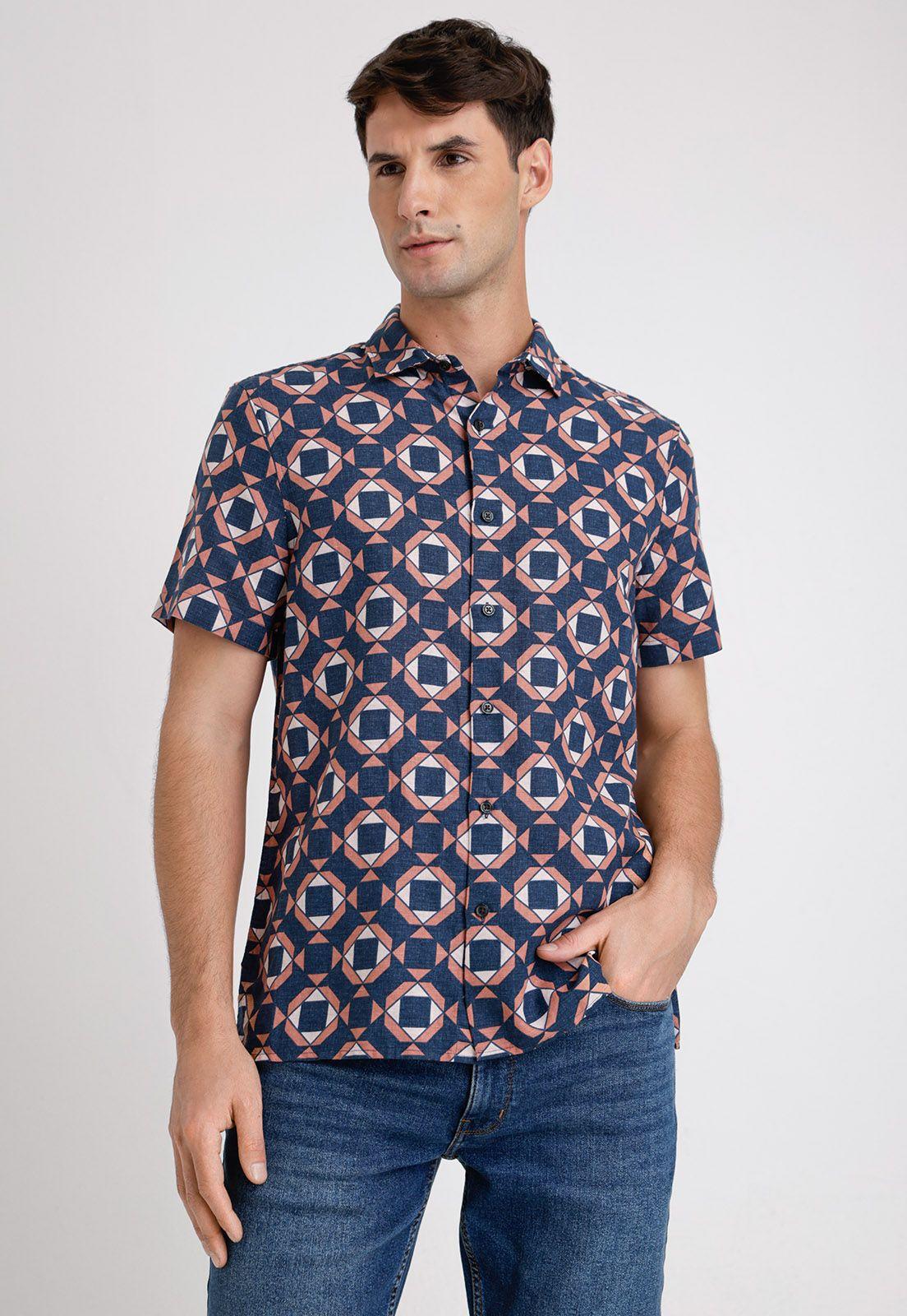 Camisa Hombre Manga Corta Lino Estampada Navy-0