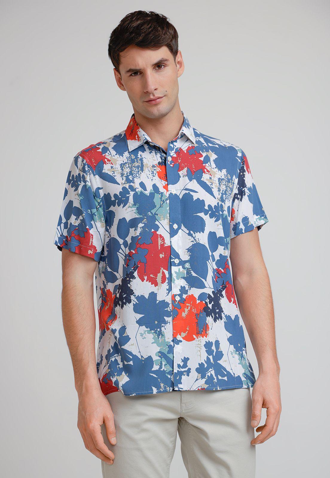 Camisa Hombre Manga Corta Estampada Azul-0
