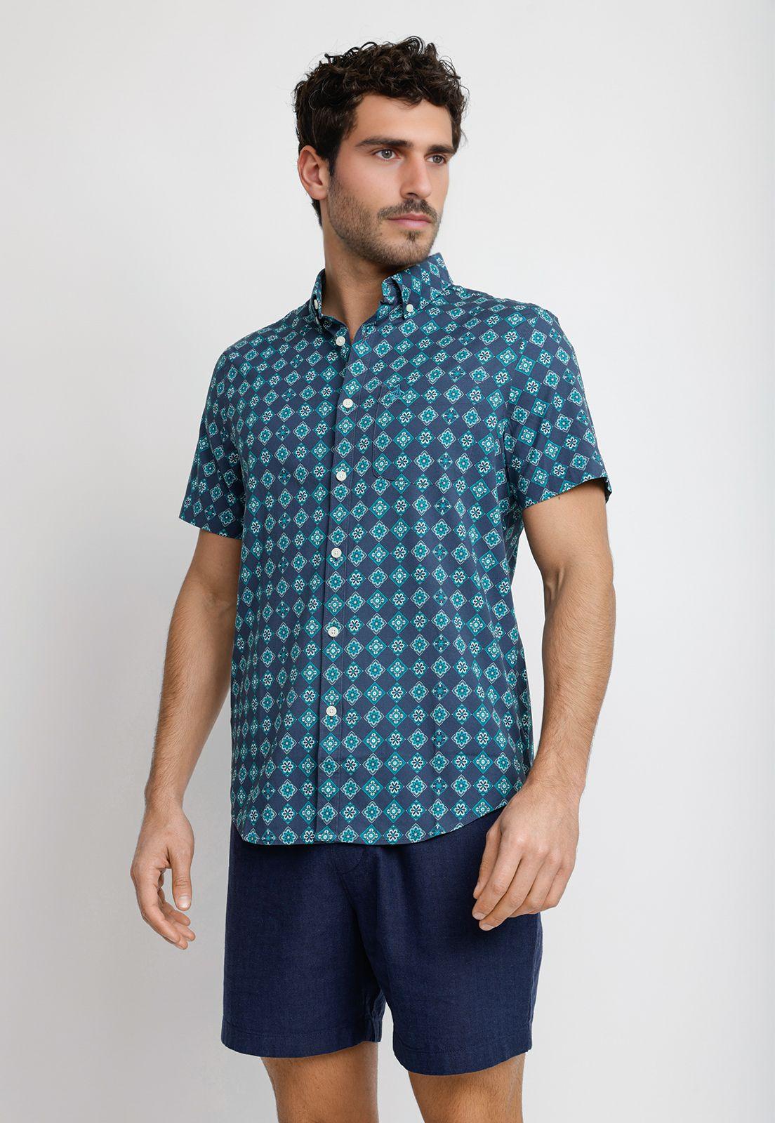 Camisa Hombre Manga Corta Estampada Azul OPWM2514-0
