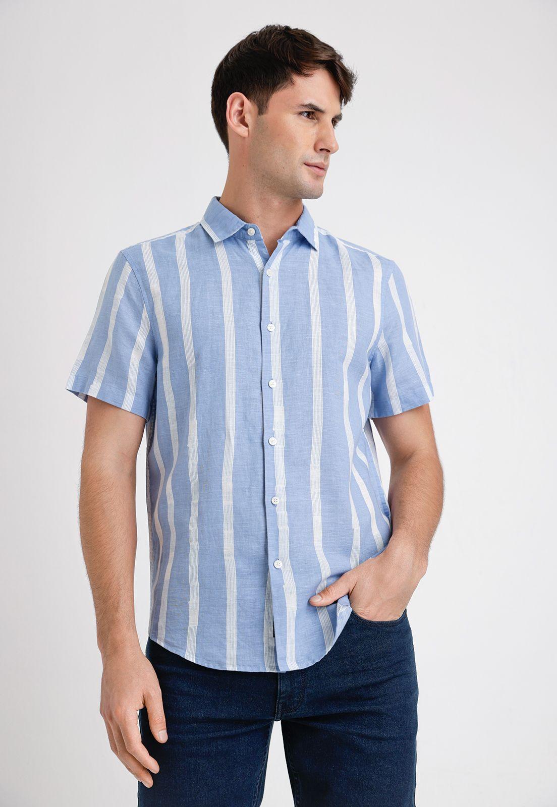 Camisa Hombre Manga Corta Lino Listada Celeste-0