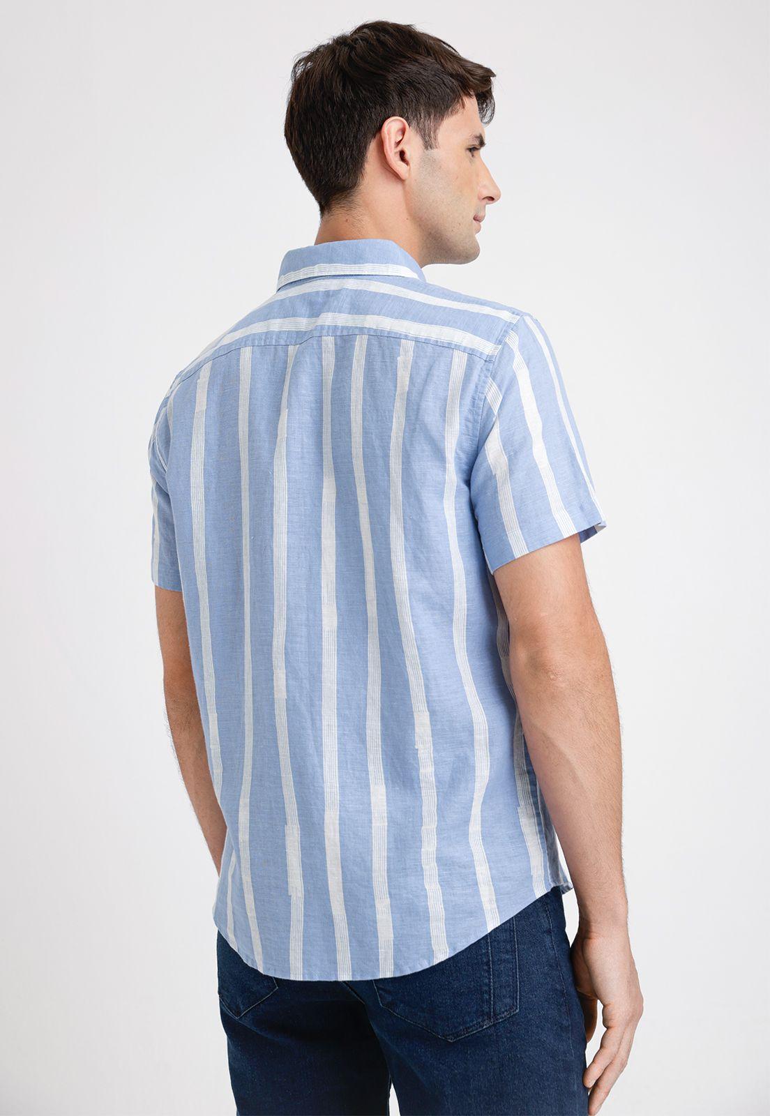 Camisa Hombre Manga Corta Lino Listada Celeste-1