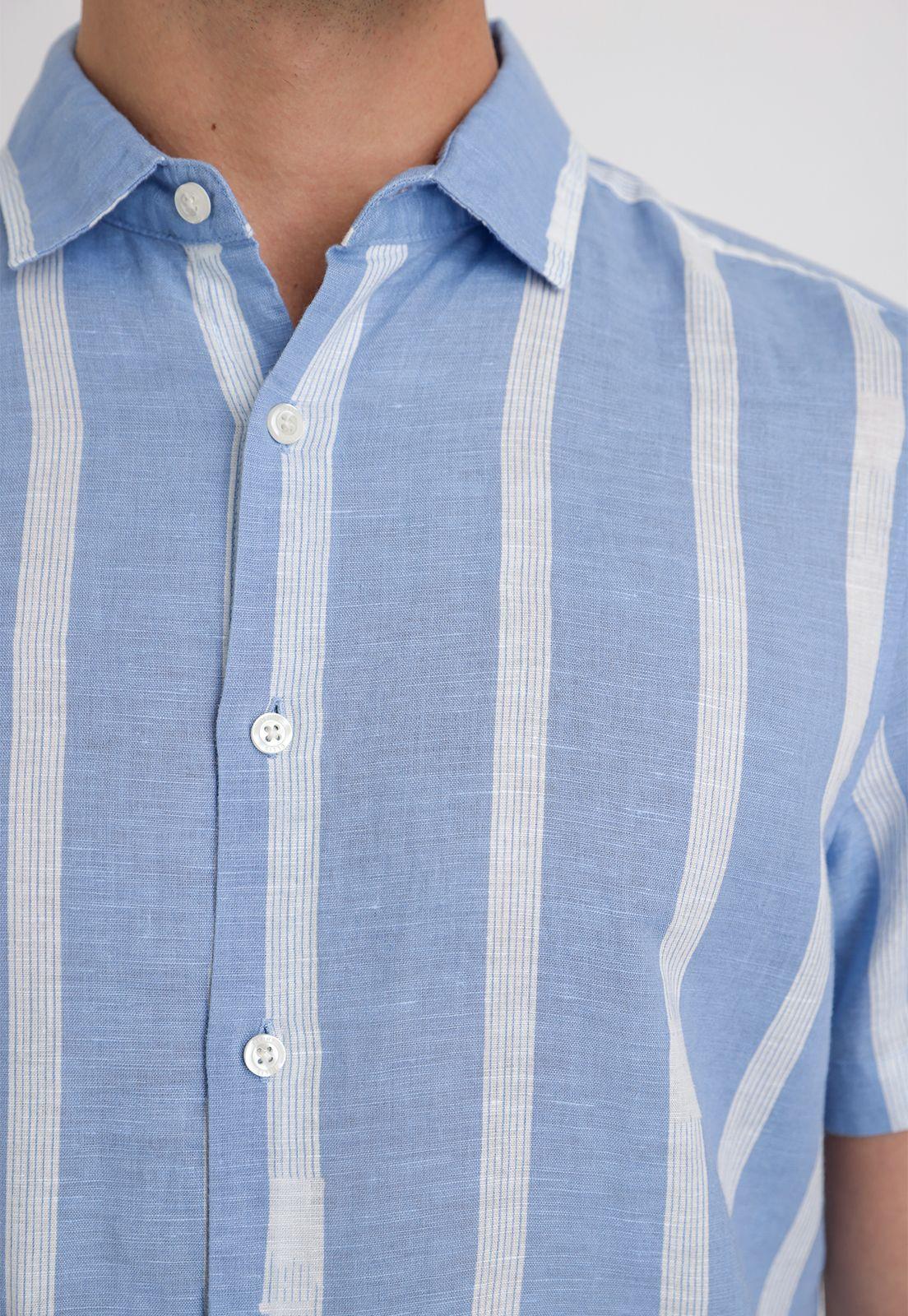 Camisa Hombre Manga Corta Lino Listada Celeste-2