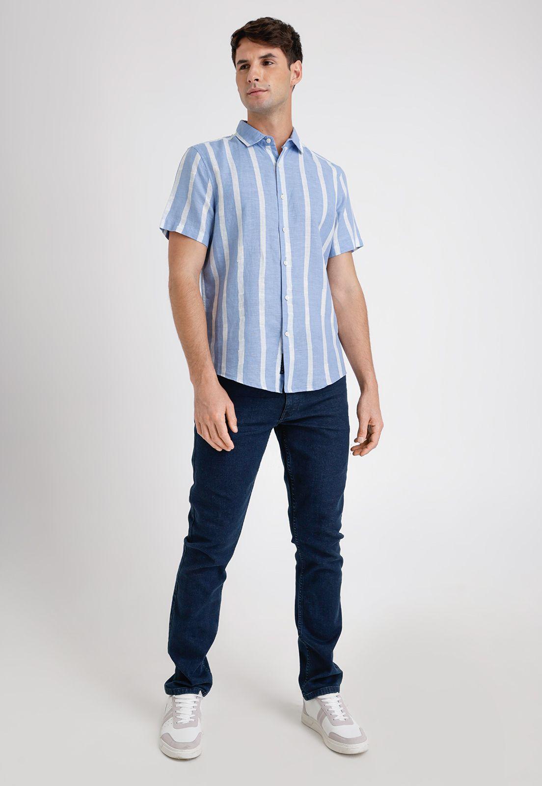 Camisa Hombre Manga Corta Lino Listada Celeste-3
