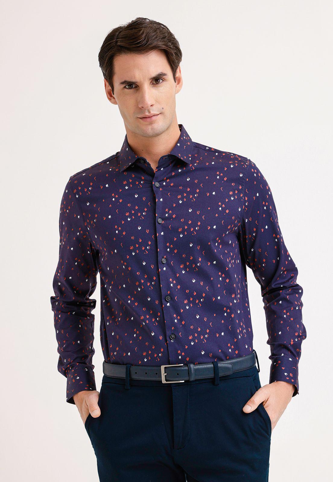 Camisa Hombre Manga Larga Stretch Estampada Navy-0