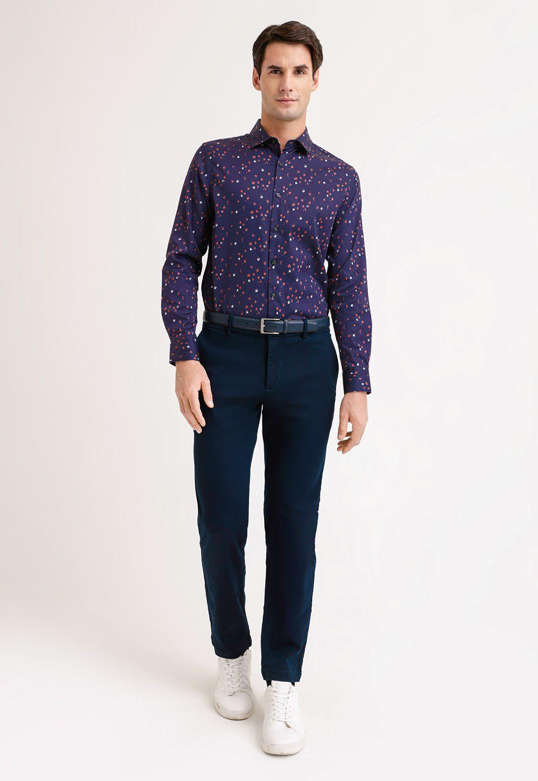 Camisa Hombre Manga Larga Stretch Estampada Navy-3