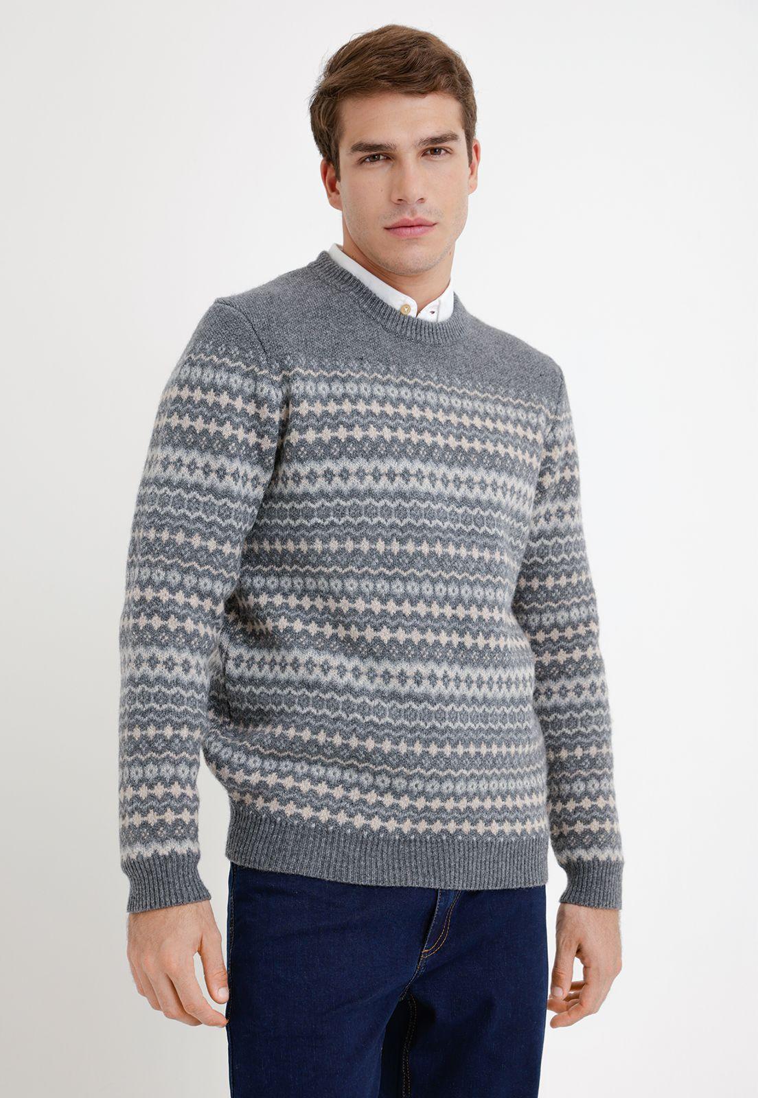 Sweater hombre cuello redondo tribal gris-0
