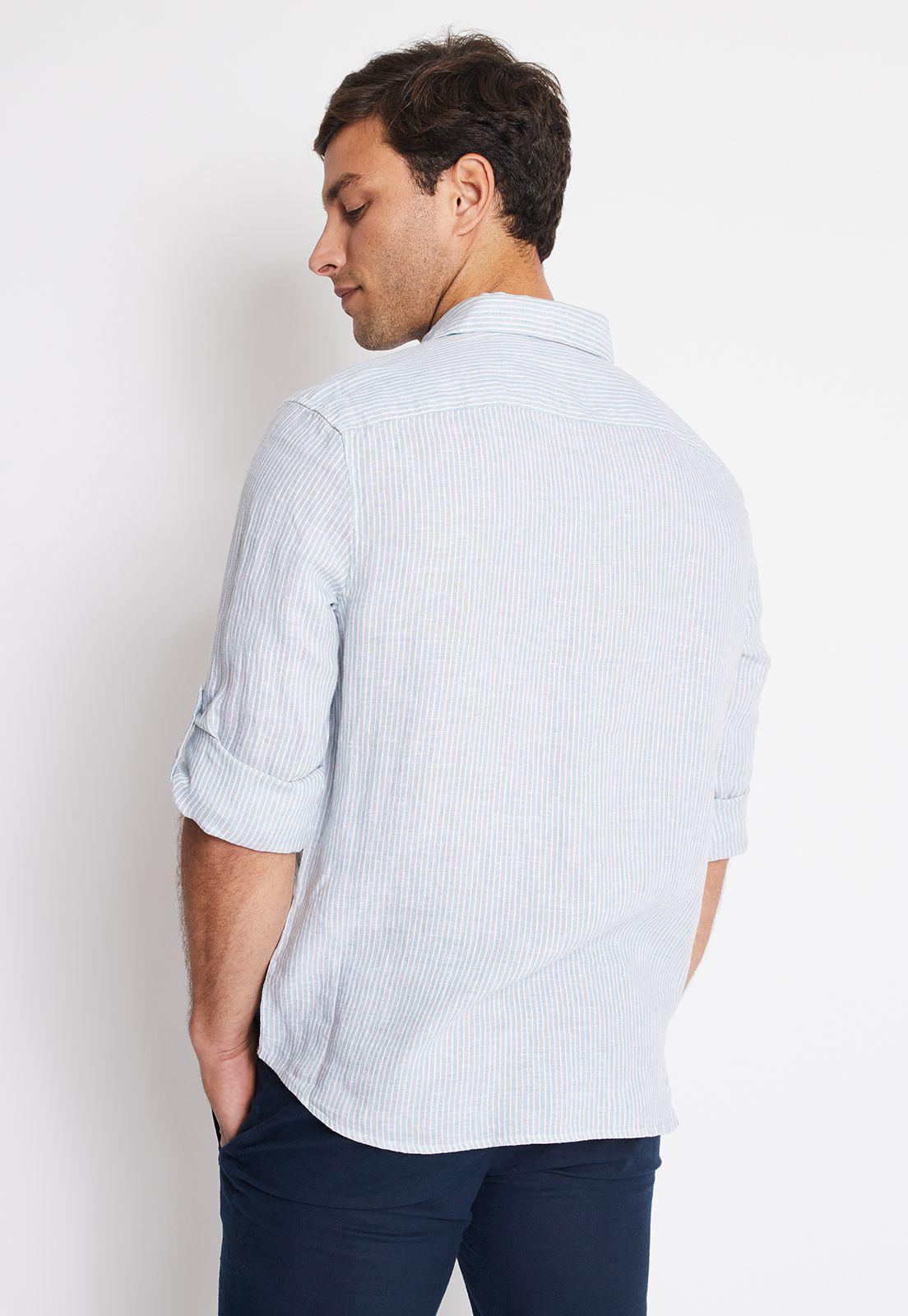 Camisa Hombre Manga Larga Lino Listada Verde-1