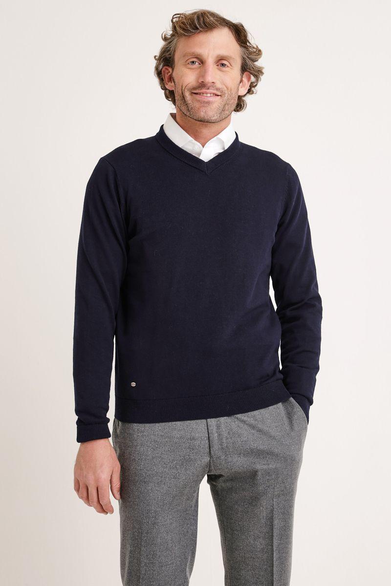 Sweater Hombre Algodón Cuello V Slim Parrot Azul Marino-0