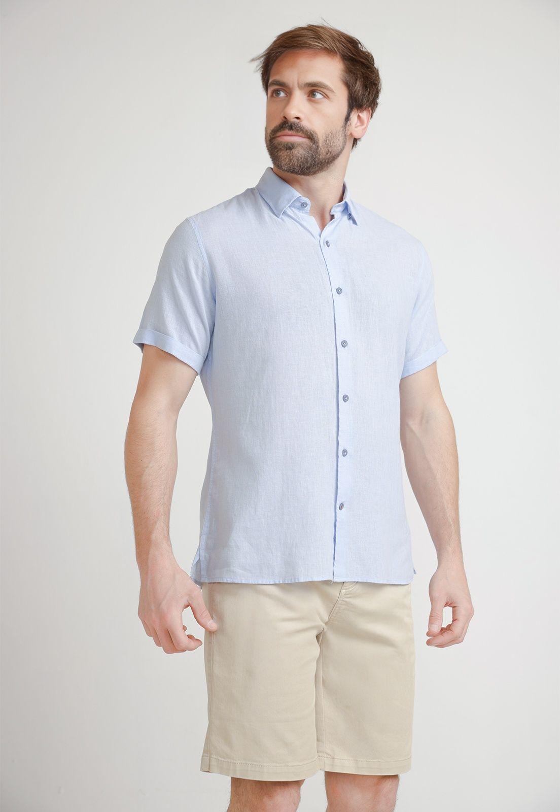 Camisa Hombre Mezcla Lino Algodón Liso Slim Boris Celeste-0