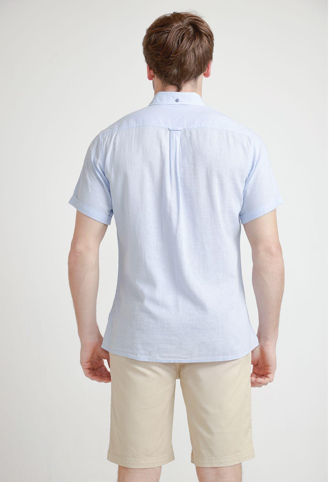 Camisa Hombre Mezcla Lino Algodón Liso Slim Boris Celeste-1