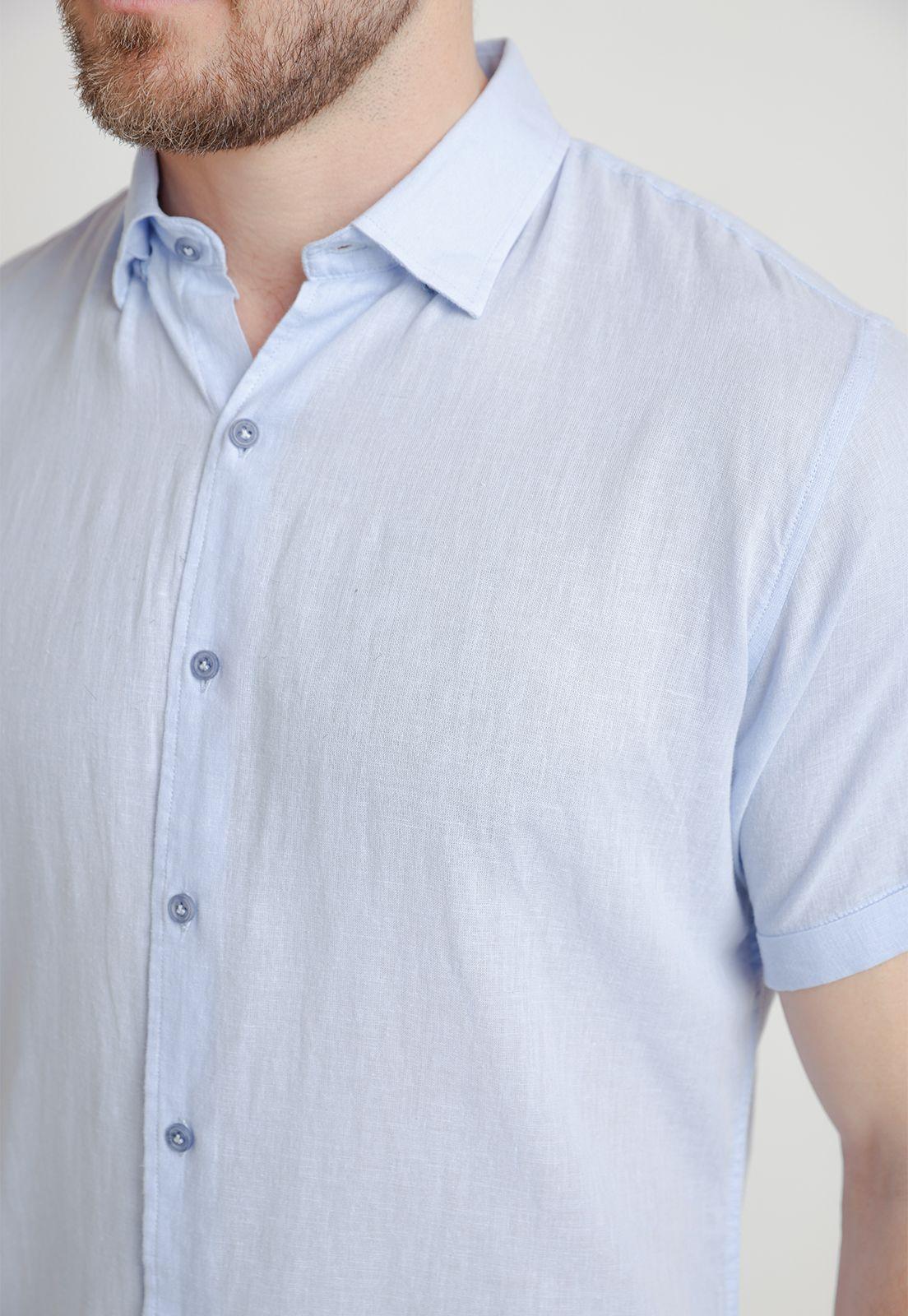 Camisa Hombre Mezcla Lino Algodón Liso Slim Boris Celeste-2