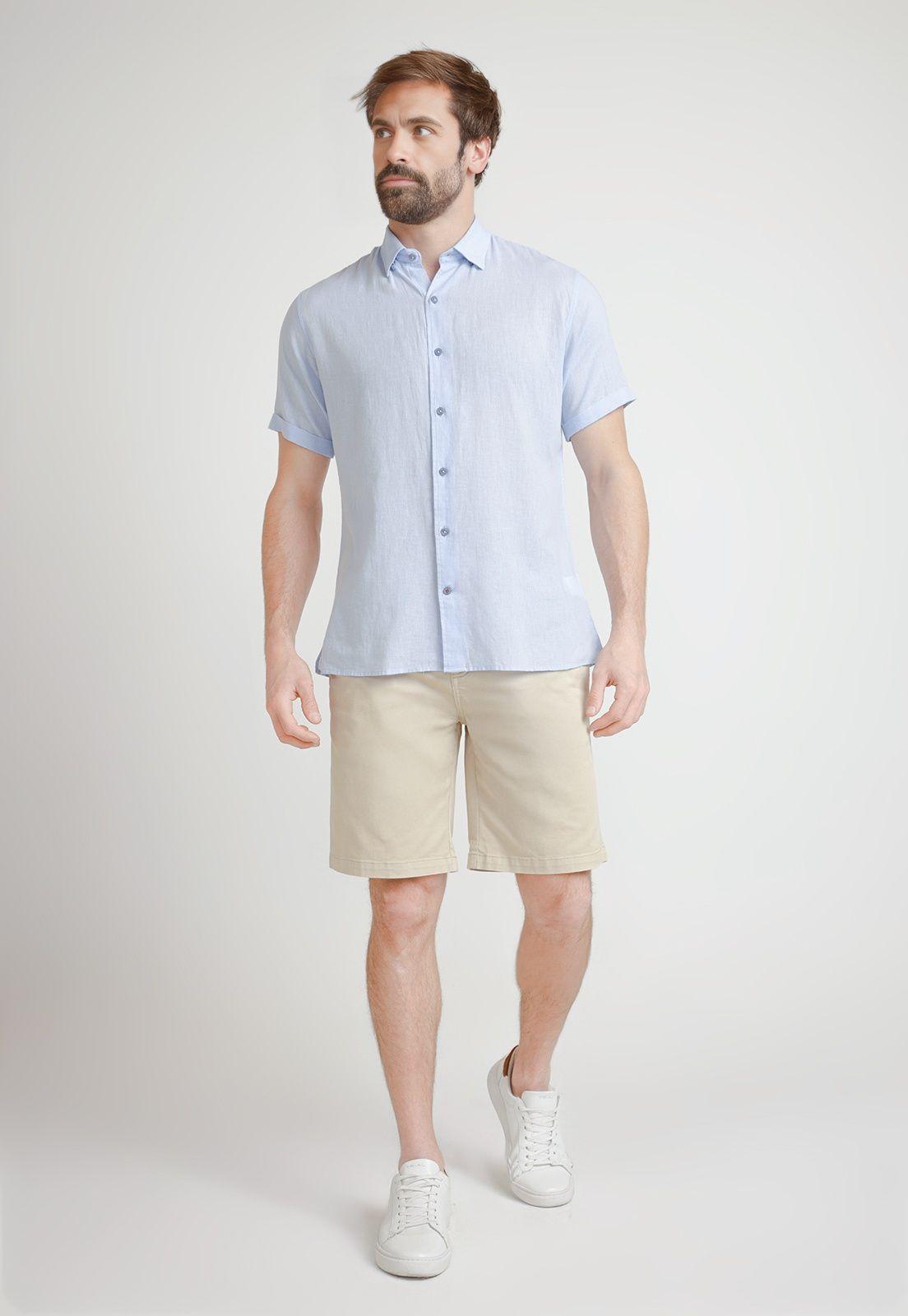 Camisa Hombre Mezcla Lino Algodón Liso Slim Boris Celeste-3