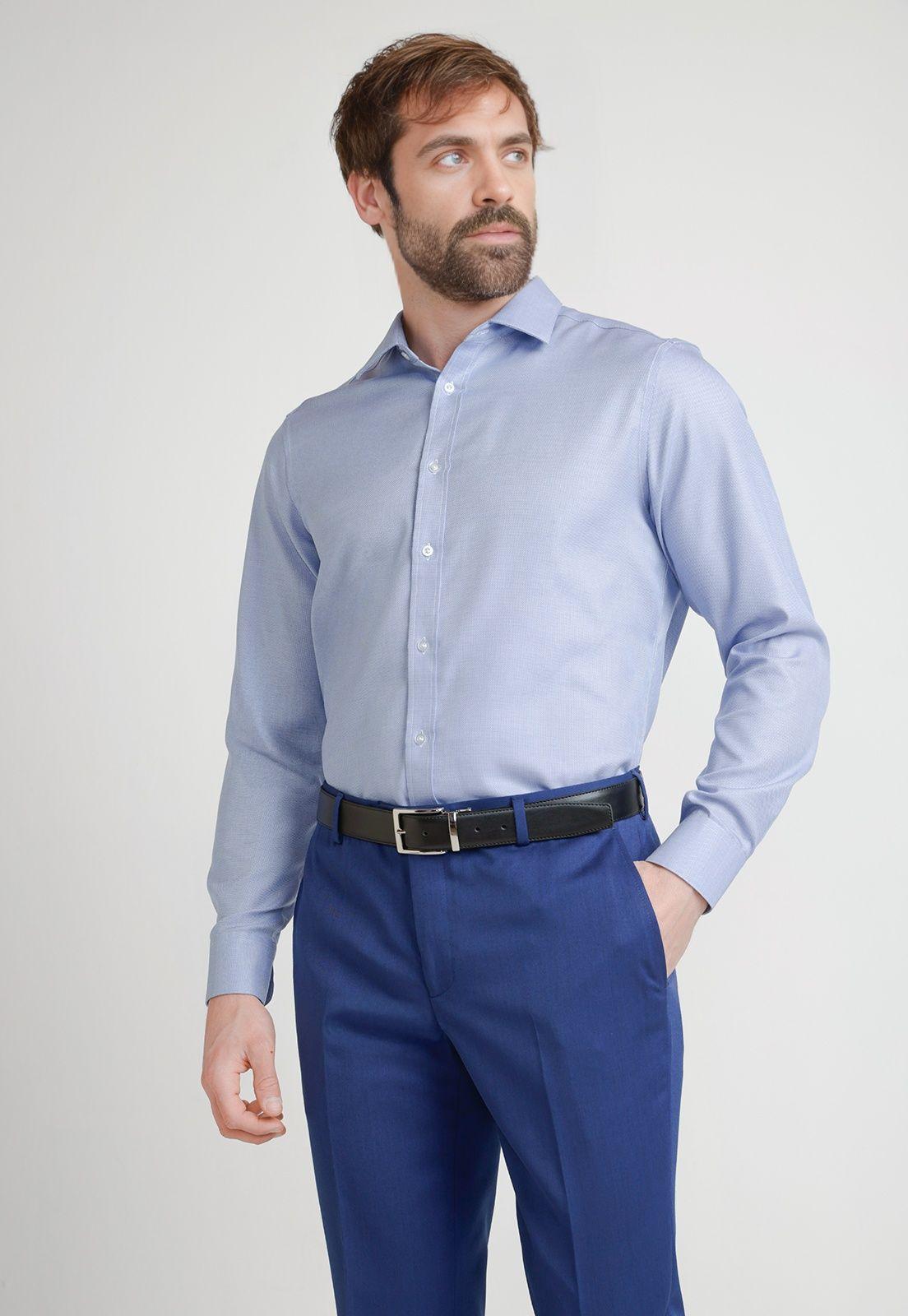 Camisa Formal Hombre Non Iron Microdiseño Slim Travel Azul-0
