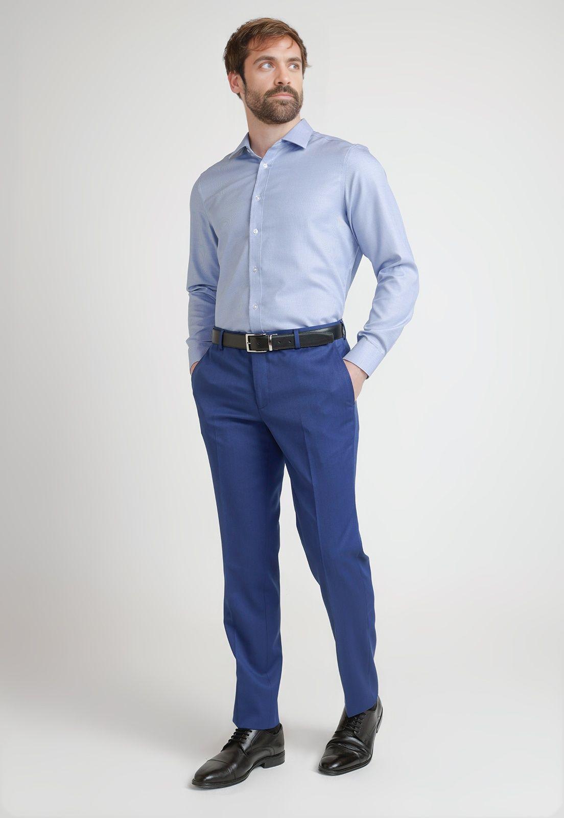 Camisa Formal Hombre Non Iron Microdiseño Slim Travel Azul-3