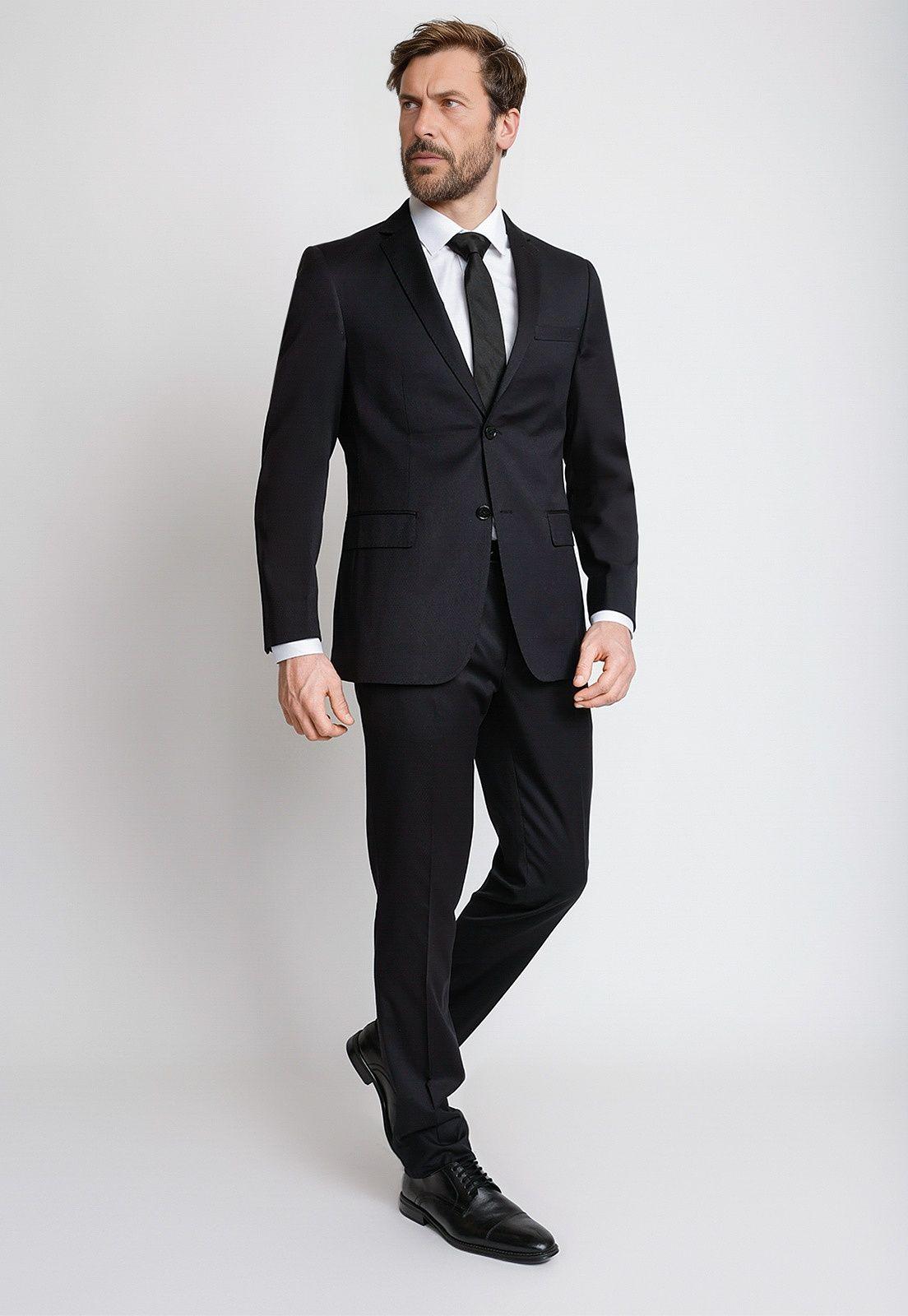 Traje Formal Hombre Mezcla Algodón Microdiseño Skinny Graduación Negro-0