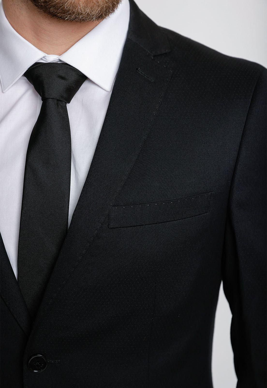 Traje Formal Hombre Mezcla Algodón Microdiseño Skinny Graduación Negro-3