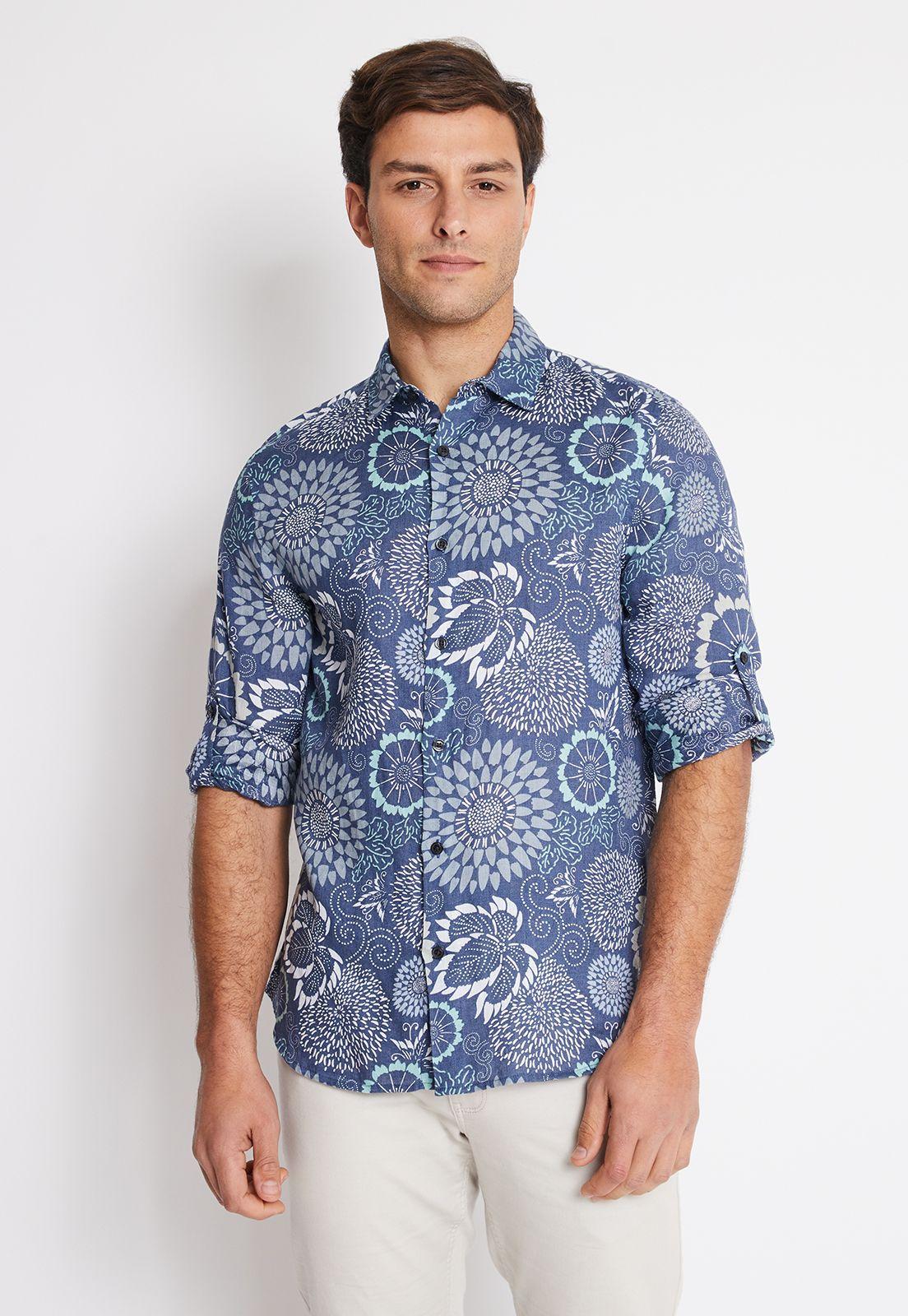 Camisa Hombre Manga Larga Lino Estampada Azul Piedra-0